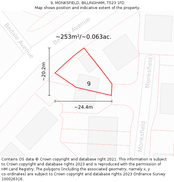 9, MONKSFIELD, BILLINGHAM, TS23 1FD: Plot and title map