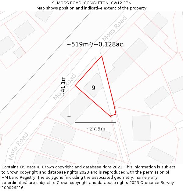 9, MOSS ROAD, CONGLETON, CW12 3BN: Plot and title map