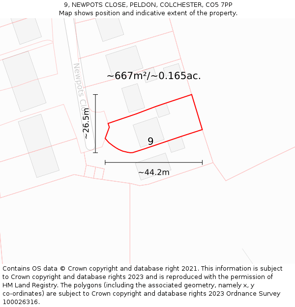 9, NEWPOTS CLOSE, PELDON, COLCHESTER, CO5 7PP: Plot and title map