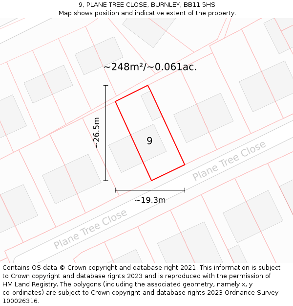 9, PLANE TREE CLOSE, BURNLEY, BB11 5HS: Plot and title map