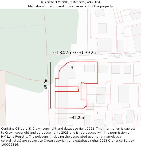 9, POTTON CLOSE, RUNCORN, WA7 1EA: Plot and title map