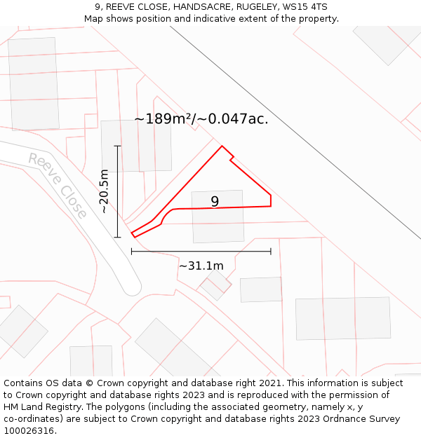 9, REEVE CLOSE, HANDSACRE, RUGELEY, WS15 4TS: Plot and title map