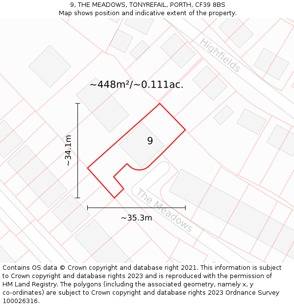9, THE MEADOWS, TONYREFAIL, PORTH, CF39 8BS: Plot and title map