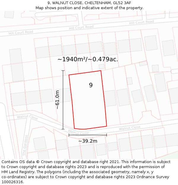 9, WALNUT CLOSE, CHELTENHAM, GL52 3AF: Plot and title map