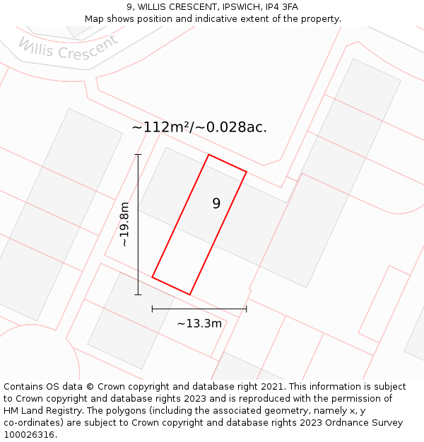 9, WILLIS CRESCENT, IPSWICH, IP4 3FA: Plot and title map