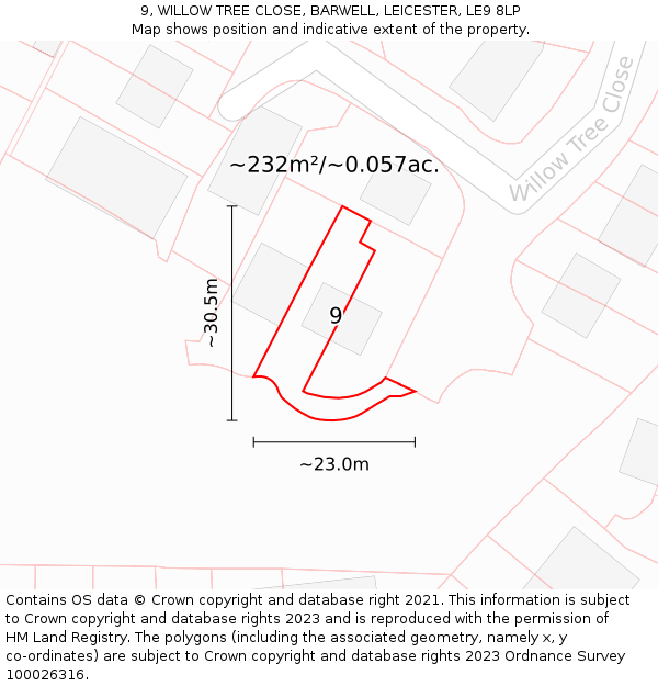 9, WILLOW TREE CLOSE, BARWELL, LEICESTER, LE9 8LP: Plot and title map