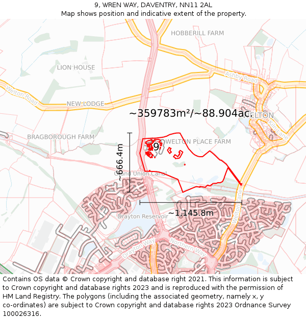 9, WREN WAY, DAVENTRY, NN11 2AL: Plot and title map