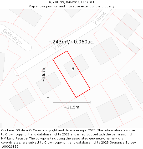 9, Y RHOS, BANGOR, LL57 2LT: Plot and title map
