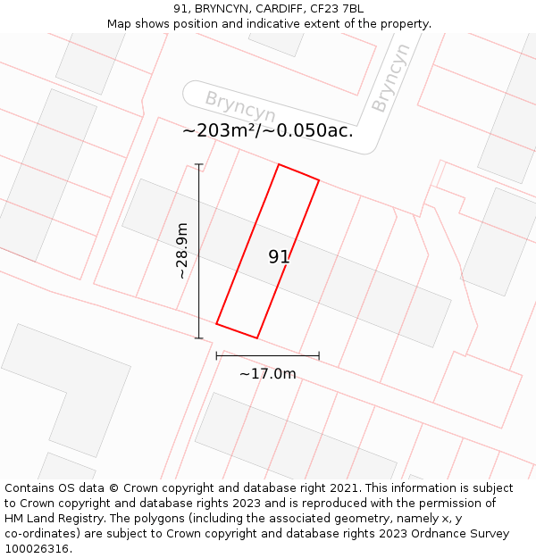 91, BRYNCYN, CARDIFF, CF23 7BL: Plot and title map
