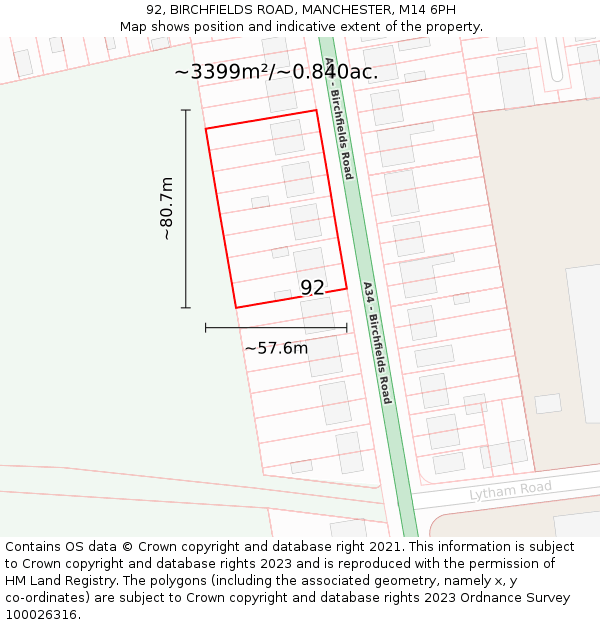 92, BIRCHFIELDS ROAD, MANCHESTER, M14 6PH: Plot and title map