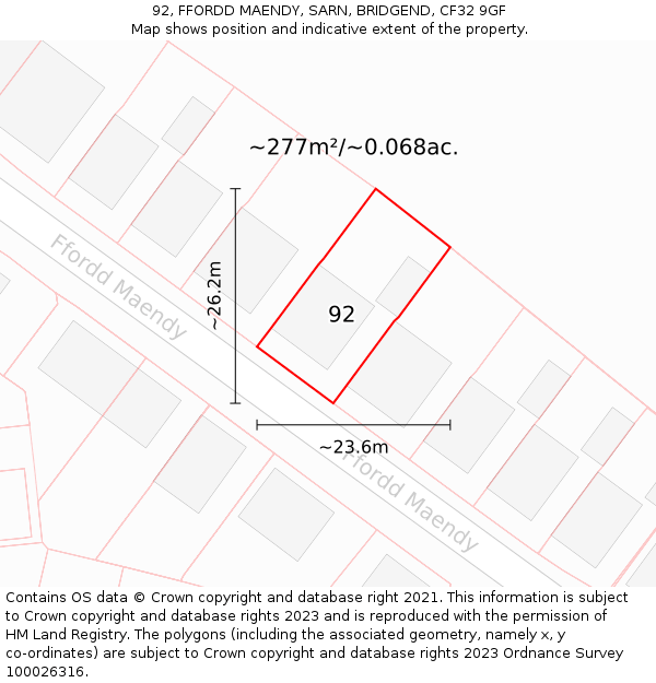 92, FFORDD MAENDY, SARN, BRIDGEND, CF32 9GF: Plot and title map