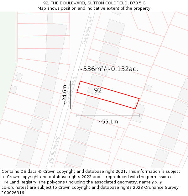 92, THE BOULEVARD, SUTTON COLDFIELD, B73 5JG: Plot and title map