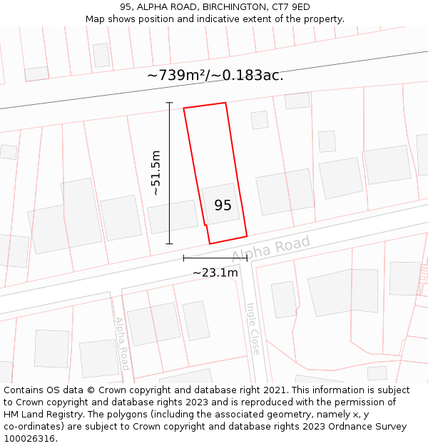95, ALPHA ROAD, BIRCHINGTON, CT7 9ED: Plot and title map