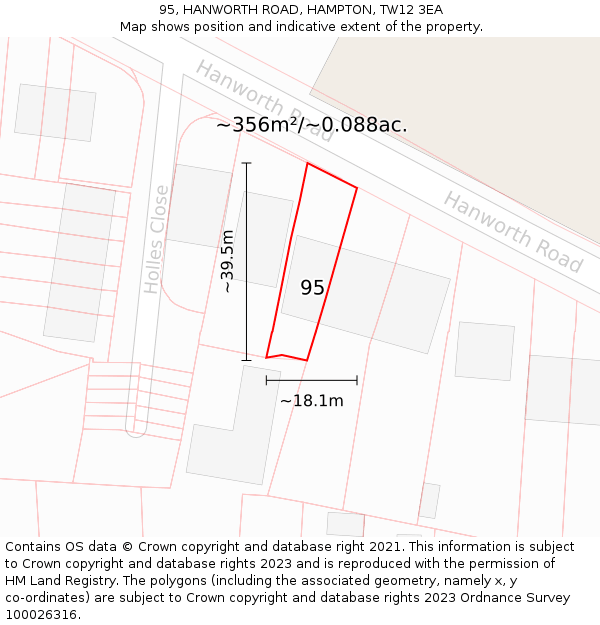 95, HANWORTH ROAD, HAMPTON, TW12 3EA: Plot and title map