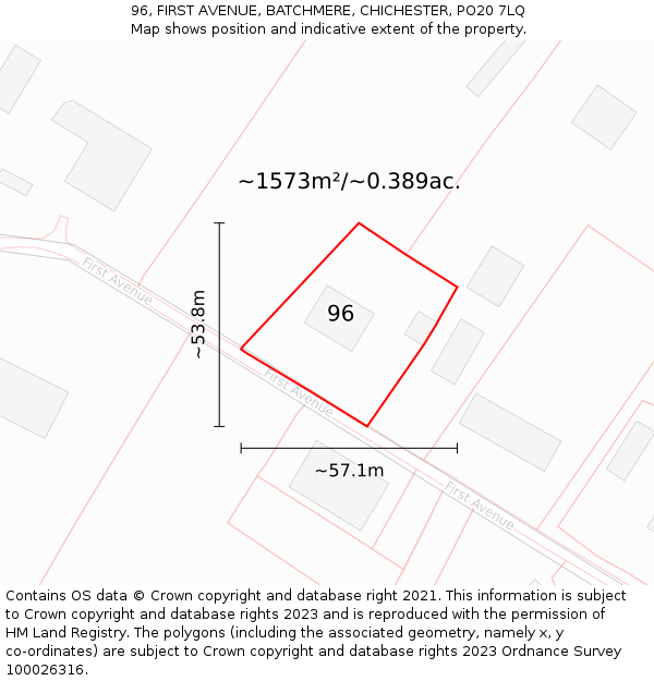96, FIRST AVENUE, BATCHMERE, CHICHESTER, PO20 7LQ: Plot and title map