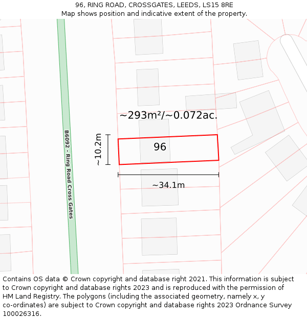 96, RING ROAD, CROSSGATES, LEEDS, LS15 8RE: Plot and title map
