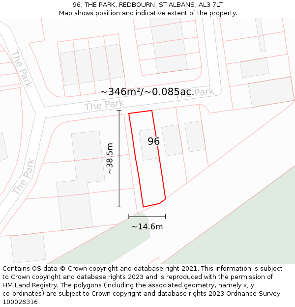 96, THE PARK, REDBOURN, ST ALBANS, AL3 7LT: Plot and title map