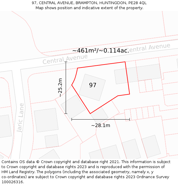 97, CENTRAL AVENUE, BRAMPTON, HUNTINGDON, PE28 4QL: Plot and title map