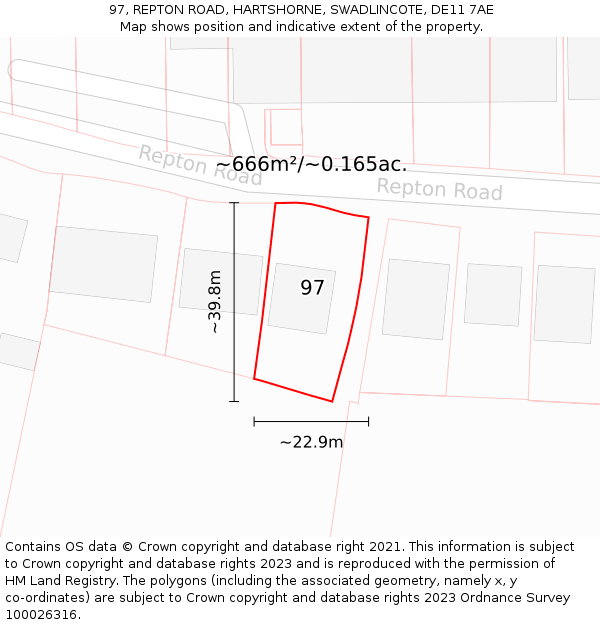 97, REPTON ROAD, HARTSHORNE, SWADLINCOTE, DE11 7AE: Plot and title map