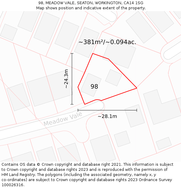 98, MEADOW VALE, SEATON, WORKINGTON, CA14 1SG: Plot and title map