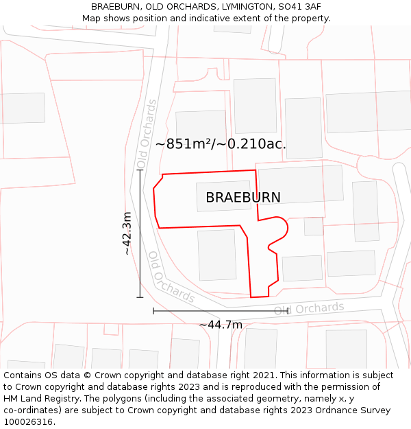 BRAEBURN, OLD ORCHARDS, LYMINGTON, SO41 3AF: Plot and title map