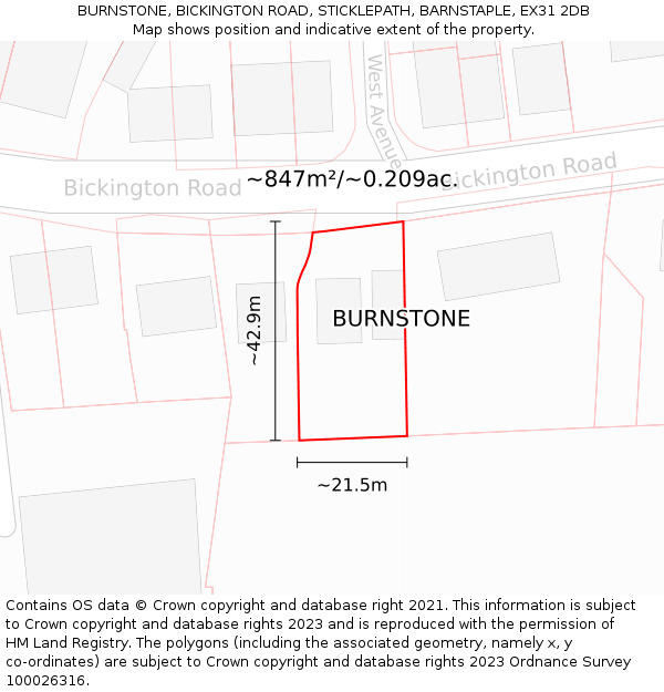 BURNSTONE, BICKINGTON ROAD, STICKLEPATH, BARNSTAPLE, EX31 2DB: Plot and title map