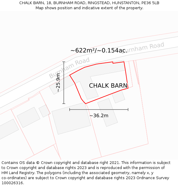 CHALK BARN, 18, BURNHAM ROAD, RINGSTEAD, HUNSTANTON, PE36 5LB: Plot and title map