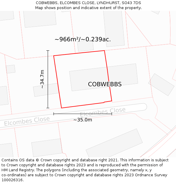 COBWEBBS, ELCOMBES CLOSE, LYNDHURST, SO43 7DS: Plot and title map