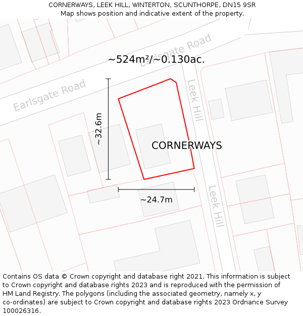 CORNERWAYS, LEEK HILL, WINTERTON, SCUNTHORPE, DN15 9SR: Plot and title map