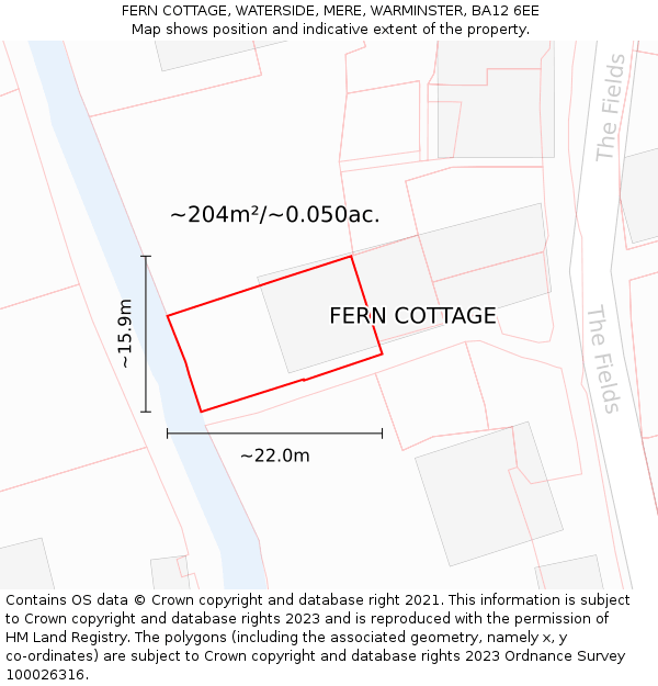 FERN COTTAGE, WATERSIDE, MERE, WARMINSTER, BA12 6EE: Plot and title map