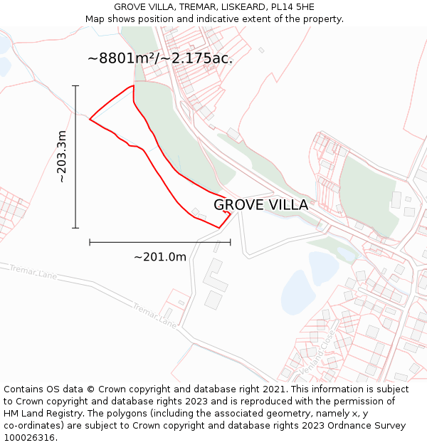 GROVE VILLA, TREMAR, LISKEARD, PL14 5HE: Plot and title map