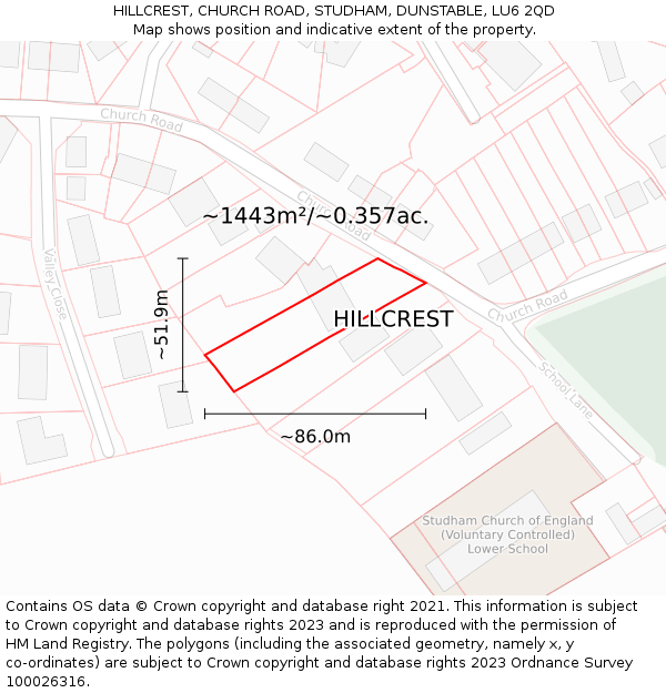 HILLCREST, CHURCH ROAD, STUDHAM, DUNSTABLE, LU6 2QD: Plot and title map