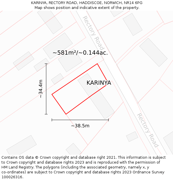 KARINYA, RECTORY ROAD, HADDISCOE, NORWICH, NR14 6PG: Plot and title map