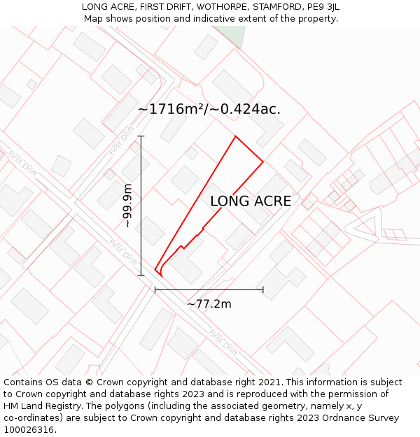 LONG ACRE, FIRST DRIFT, WOTHORPE, STAMFORD, PE9 3JL: Plot and title map