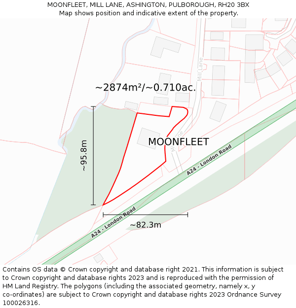 MOONFLEET, MILL LANE, ASHINGTON, PULBOROUGH, RH20 3BX: Plot and title map