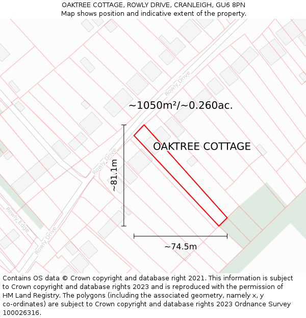 OAKTREE COTTAGE, ROWLY DRIVE, CRANLEIGH, GU6 8PN: Plot and title map