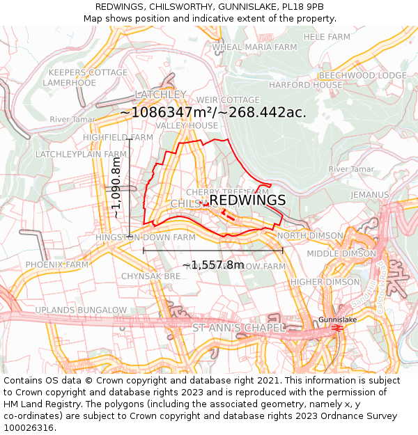 REDWINGS, CHILSWORTHY, GUNNISLAKE, PL18 9PB: Plot and title map