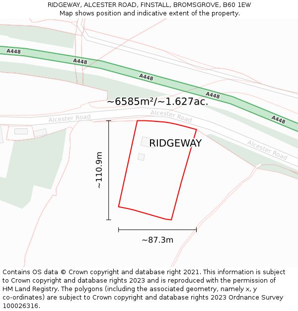 RIDGEWAY, ALCESTER ROAD, FINSTALL, BROMSGROVE, B60 1EW: Plot and title map