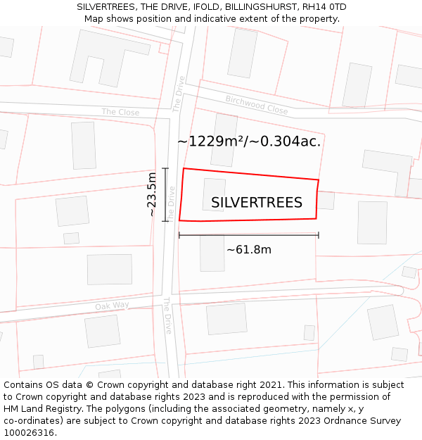 SILVERTREES, THE DRIVE, IFOLD, BILLINGSHURST, RH14 0TD: Plot and title map