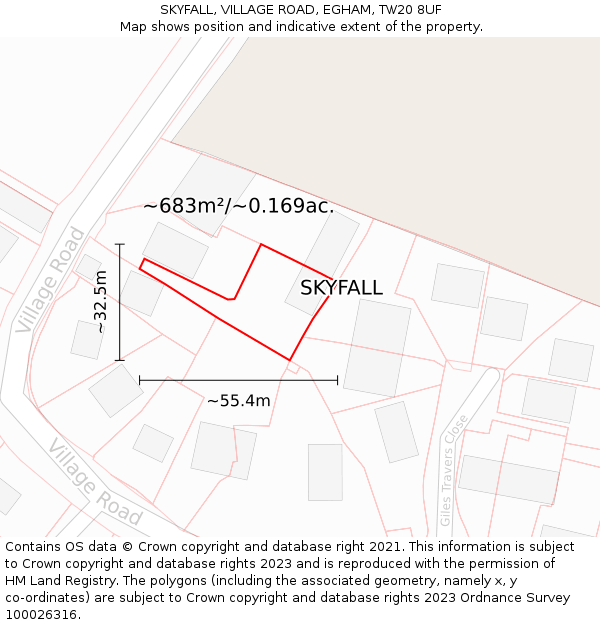 SKYFALL, VILLAGE ROAD, EGHAM, TW20 8UF: Plot and title map