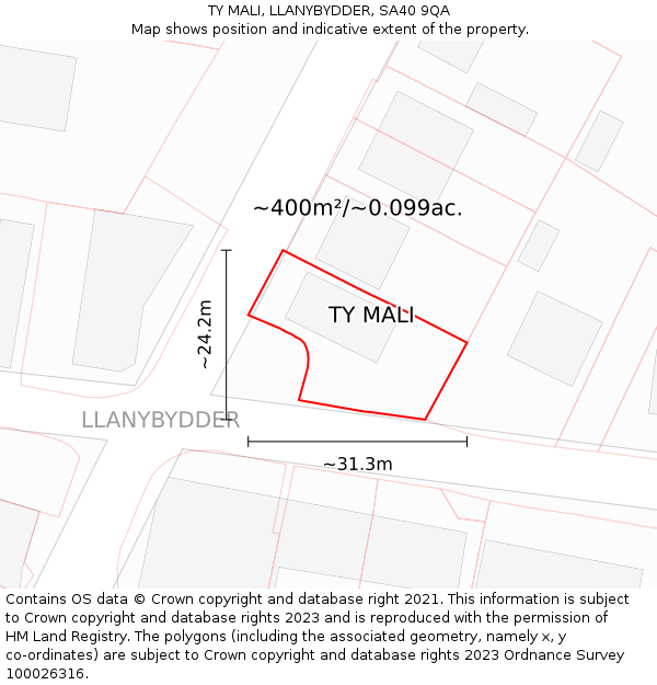 TY MALI, LLANYBYDDER, SA40 9QA: Plot and title map