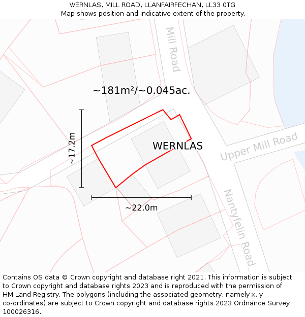 WERNLAS, MILL ROAD, LLANFAIRFECHAN, LL33 0TG: Plot and title map