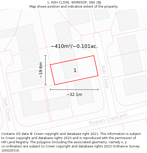 1, ASH CLOSE, WORKSOP, S80 1BJ: Plot and title map