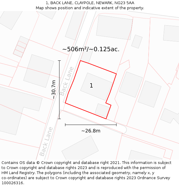 1, BACK LANE, CLAYPOLE, NEWARK, NG23 5AA: Plot and title map