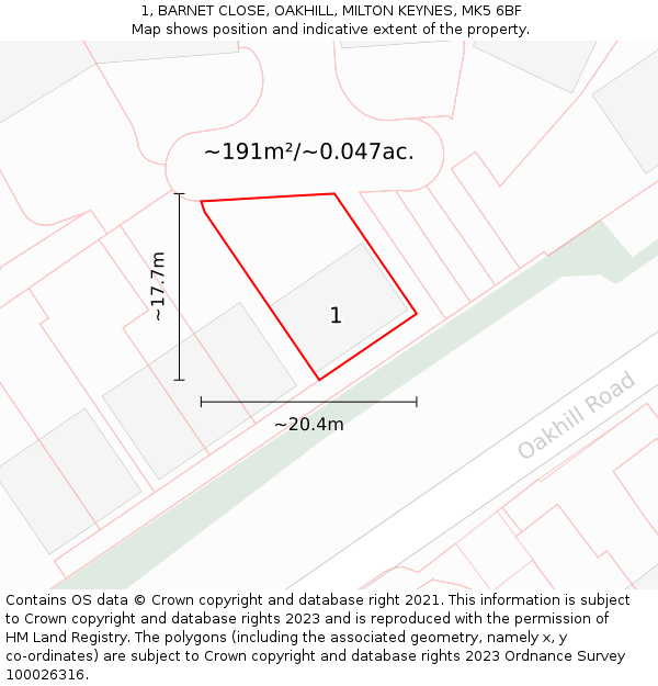 1, BARNET CLOSE, OAKHILL, MILTON KEYNES, MK5 6BF: Plot and title map