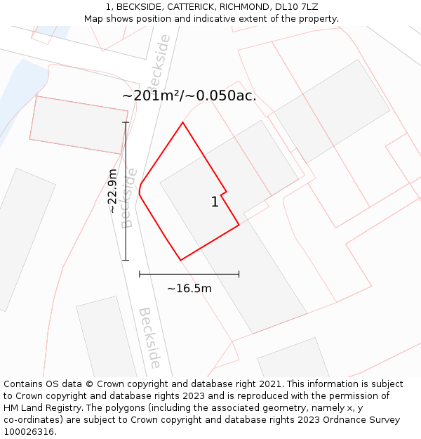 1, BECKSIDE, CATTERICK, RICHMOND, DL10 7LZ: Plot and title map