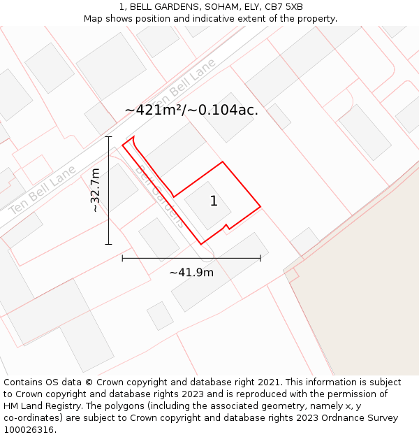 1, BELL GARDENS, SOHAM, ELY, CB7 5XB: Plot and title map