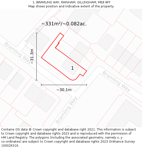 1, BRAMLING WAY, RAINHAM, GILLINGHAM, ME8 8FF: Plot and title map