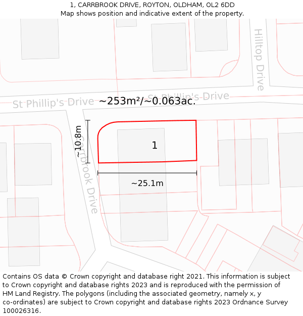 1, CARRBROOK DRIVE, ROYTON, OLDHAM, OL2 6DD: Plot and title map