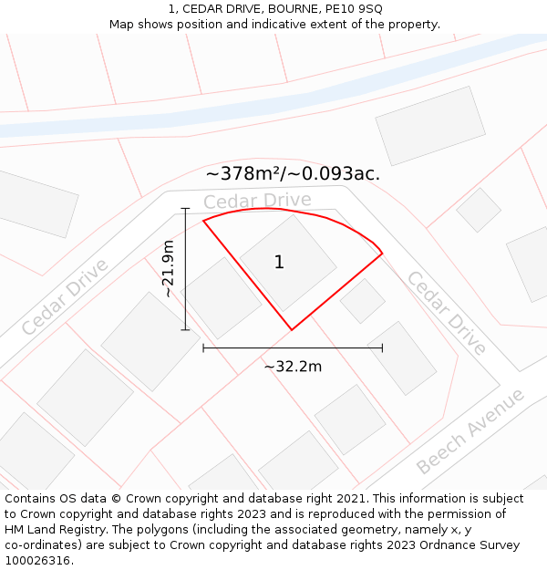 1, CEDAR DRIVE, BOURNE, PE10 9SQ: Plot and title map